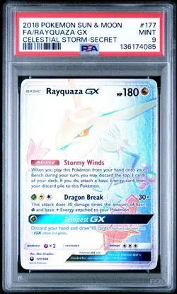 2018 POKEMON SUN&MOON CELESTIAL STORM SECRET FA #177 RAYQUAZA GX PSA 9 NEW CERT - Image 1