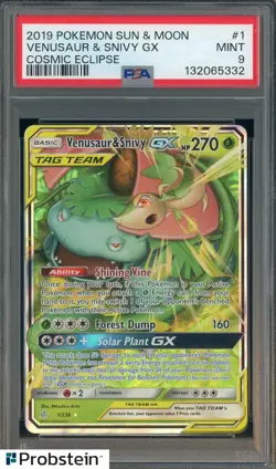2019 Pokemon Sun & Moon Cosmic Eclipse #1 Venusaur & Snivy GX PSA 9 - Image 1