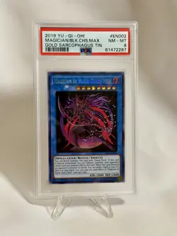 Yu-Gi-Oh Magician of Black Chaos Max Secret PSA 8 Near Mint Gold Sarcophagus Tin - Image 1