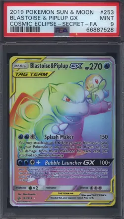 2019 Pokemon S & M Cosmic Eclipse #253 Blastoise & Piplup GX Secret FA PSA 9 - Image 1