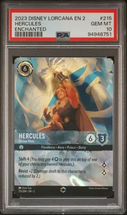 2023 DISNEY LORCANA EN 2-RISE OF THE FLOODBORN ENCHANTED #215 HERCULES PSA 10 - Image 1