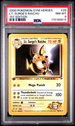 2000 POKEMON GYM HEROES 1ST ED #28 LT. SURGE'S RAICHU PSA 8 - Image 1