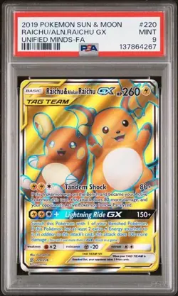 Pokemon Raichu/Alolan Raichu Gx 2019 Sun & Moon Unified Minds #220 FA PSA 9 - Image 1