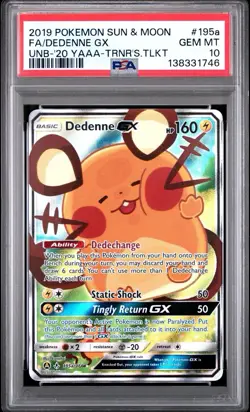 2019 POKEMON SUN & MOON UNBROKEN BONDS #195A FULL ART/DEDENNE GX PSA 10 - Image 1