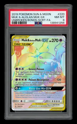 2019 Pokemon S&M Unbroken Bonds-Scrt-Fa: #220 Muk & Alolan Muk Gx PSA 8 NM-MT - Image 1