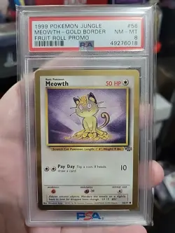 1999 Pokemon Jungle "Gold Border" Fruit Rollup Promo Meowth #56 Rare PSA 8 NM-MT - Image 1