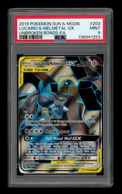 2019 Pokemon Sun & Moon Unbroken Bonds-Fa: #203 Lucario & Melmetal Gx PSA 9 MINT - Image 1