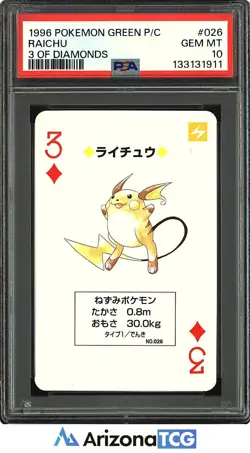 Pokemon 1996 Raichu 026 3 Of Diamonds Green Playing Card Japanese PSA 10 - Image 1