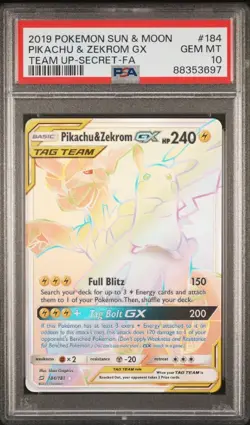 PSA 10 2019 Pokemon Sun & Moon Team Up Secret Rare #184 Pikachu & Zekrom GX Tag - Image 1