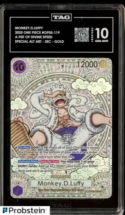 2025 ONE PIECE MONKEY D LUFFY 3RD ANNIV. GOLD OP05-119 TAG SCORE 966 GEM MINT 10 - Image 1