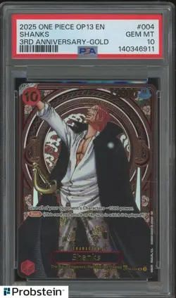 2025 ONE PIECE OP13 SHANKS 3RD ANNIVERSARY GOLD OP09 004 SR PSA 10 GEM MINT - Image 1