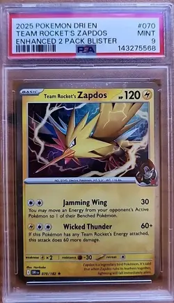 2025 POKEMON DESTINED RIVALS #070 TEAM ROCKET'S ZAPDOS COSMO PROMO PSA 9 POP 2 - Image 1