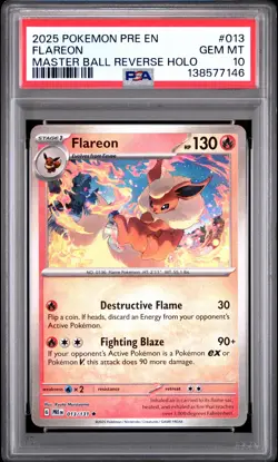 2025 POKEMON PRE EN-PRISMATIC EVOLUTIONS MASTER BALL REVERSE HOLO FLAREON PSA 10 - Image 1