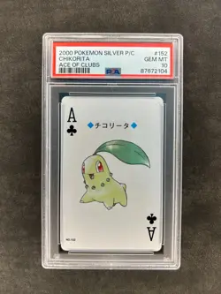 2000 POKEMON SILVER VERSION PLAYING CARDS ACE OF CLUBS #152 CHIKORITA PSA 10 - Image 1