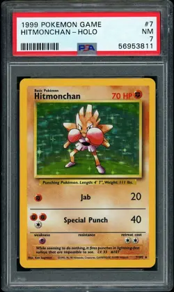 1999 Pokemon Base Set Unlimited Hitmonchan Holo Rare #7 PSA 7 NM - Image 1