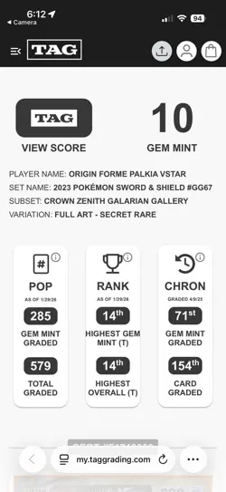 Origin Forme Palkia Vstar Pokemon Crown Zenith GG67 Sword And Shield TAG 10 - Image 3
