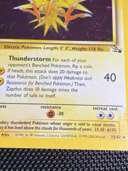 Zapdos 15/62 Holo Bleed Swirl Cosmos Holo Rare Pokemon TCG WOTC Fossil LP+ - Image 4