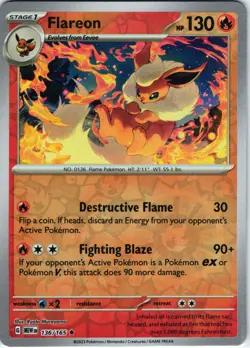 Pokemon TCG Flareon Scarlet & Violet-151 136/165 Holo Rare(NOT REVERSE HOLO) - Image 1