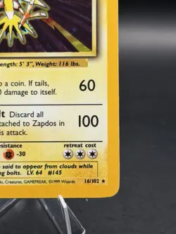 Zapdos 16/102 Holo Rare Card Base Set Unlimited 1999 Pokemon TCG WOTC (HP) - Image 2