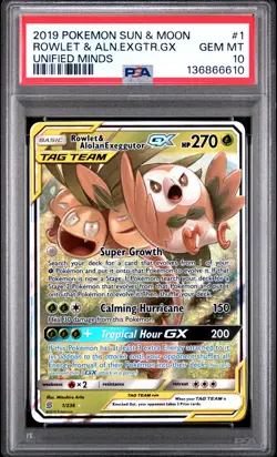 2019 POKEMON SUN & MOON UNIFIED MINDS #1 ROWLET & ALOLAN EXEGGUTOR GX PSA 10 - Image 1