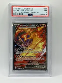 2025 Pokemon DRI EN Rocket's Moltres ex Special Illustration RARE #229 PSA 7 - Image 1