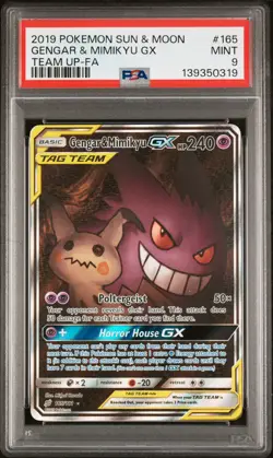 2019 POKEMON SUN & MOON TEAM UP #165 FULL ART/GENGAR & MIMIKYU GX PSA 9 - Image 1