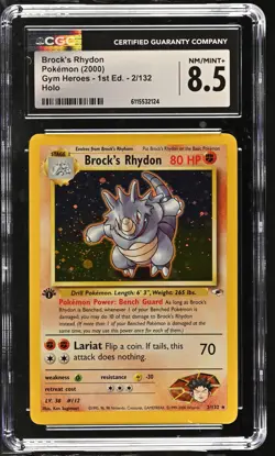 CGC 8.5 Brock's Rhydon Gym Heroes 1st Edition 2/132 Holo Pokemon Card - Image 1