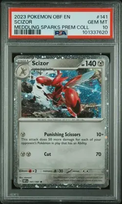 2023 Pokemon Scizor 141 Cosmos Holo Meddling Sparks Collection - PSA 10, LOW POP - Image 1