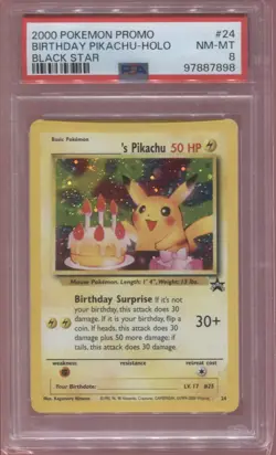 PSA 8 BIRTHDAY _'S PIKACHU HOLO 2000 BLACK STAR PROMO #24 POKEMON CARD - Image 1