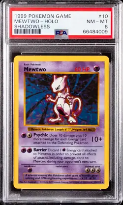 1999 POKEMON BASE SET SHADOWLESS #10 MEWTWO-HOLO PSA 8 - Image 1