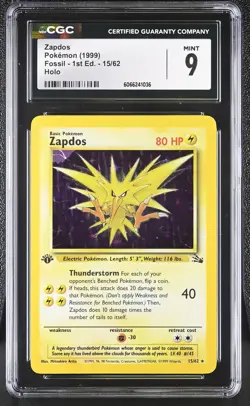 CGC 9 MINT Zapdos 1999 Fossil 1st Edition 15/62 Holo Pokemon Card - Image 1