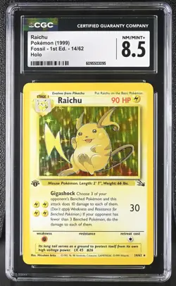 CGC 8.5 Raichu 14/62 Holo 1st Edition Fossil Pokemon Card - Image 1