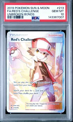 2019 POKEMON SUN & MOON UNBROKEN BONDS #213 FULL ART/RED'S CHALLENGE PSA 10 - Image 1