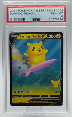 2021 POKEMON CELEBRATIONS #008 SURFING PIKACHU V PSA 8 NM-MT - Image 1