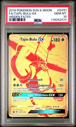 Tapu Bulu Gx PSA 10 #SV91 2019 Pokemon Sun & Moon Hidden Fates - Image 1