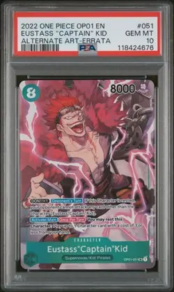 2022 ONE PIECE ROMANCE DAWN 051 EUSTASS "CAPTAIN" KID OP01-ALT.ART-ERRATA PSA 10 - Image 1