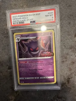 Super Rare 2023 POKEMON SWSH BLACK STAR PROMO PRERELEASE-STAFF #241 GENGAR PSA 8 - Image 1