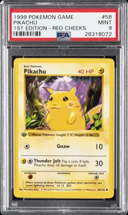 1999 POKEMON BASE SET 1ST EDITION-RED CHEEKS #58 PIKACHU PSA 9 - Image 1