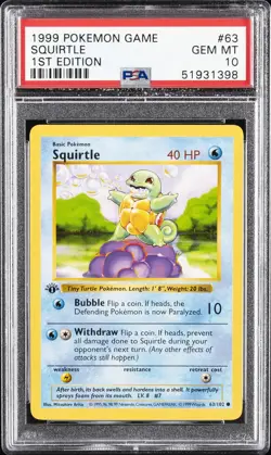 1999 POKEMON BASE SET 1ST EDITION #63 SQUIRTLE PSA 10 - Image 1