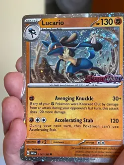 POKEMON LUCARIO 114/198 RARE COSMOS HOLO WITH SWIRL SCARLET VIOLET STAMPED NM - Image 1