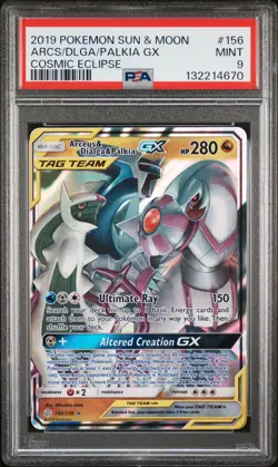 2019 POKEMON SUN & MOON COSMIC ECLIPSE #156 ARCEUS & DIALGA & PALKIA GX PSA 9 - Image 1