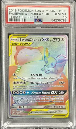 PSA 10 Gem Mint Pokemon TCG Eevee & Snorlax GX 191/181 Team Up Secret Rare - Image 1