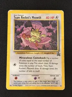 Team Rocket's Meowth 18 WoTC Black Star Promo Pokemon Card HP-DMG - Image 1