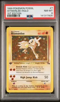 1999 POKEMON FOSSIL 1ST ED #7 HITMONLEE-HOLO PSA 8 - Image 1