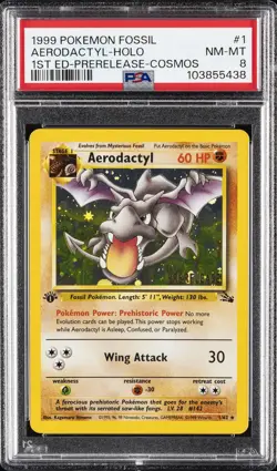 1999 POKEMON FOSSIL 1ST ED-PRERELEASE-COSMOS #1 AERODACTYL-HOLO PSA 8 - Image 1