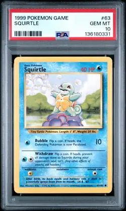 1999 POKEMON Card BASE SET UNLIMITED #63 SQUIRTLE PSA 10 - Image 1