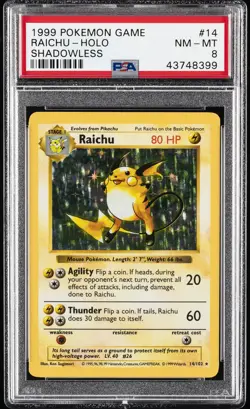 1999 POKEMON BASE SET SHADOWLESS #14 RAICHU-HOLO PSA 8 - Image 1