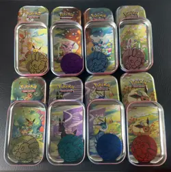 Prismatic Evolutions *EMPTY* Mini Tin Complete Set Of 8 (Tin + Card + Coin) - Image 1