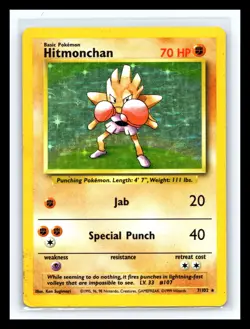 💥 Hitmonchan Rare Holo Foil Pokemon Vintage Card 1999 Base Set # 7/102 WOTC - Image 1