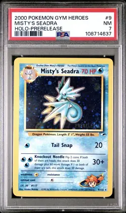 2000 Pokemon Unlimited Gym Heroes Prerelease Misty’s Seadra Holo 9/132 PSA 7 NM - Image 1